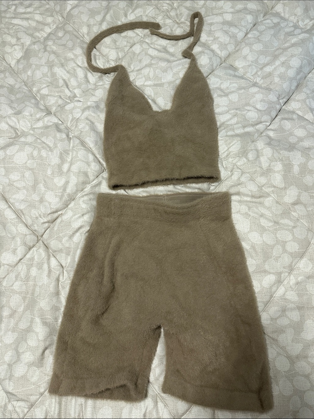 Gymshark Taupe Fuzzy Halter Crop Top & High-Waist Shorts Set